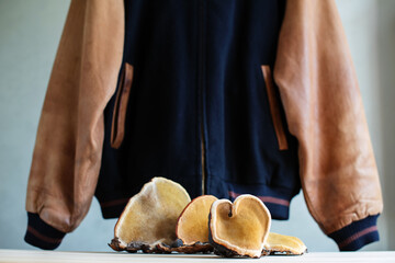 Concept of mushroom leather - jacket, bag and brown tree mushrooms. Sustainable textile made from...