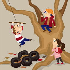 Cartoon illustration of some kids playing rope swing from a tall tree