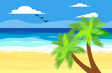 Beach things and old surfboard with greeting - summer holidays vector illustration