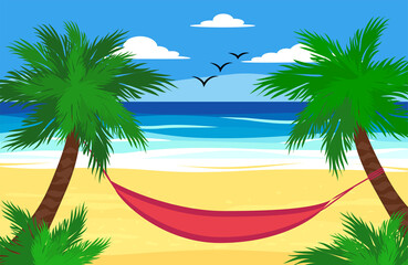 Fototapeta premium Beach things and old surfboard with greeting - summer holidays vector illustration