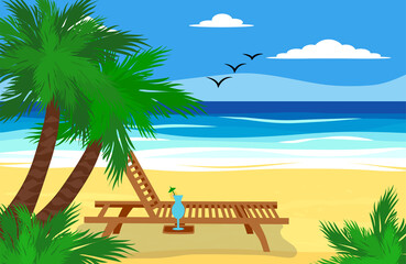 Beach things and old surfboard with greeting - summer holidays vector illustration