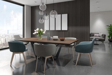 Illustration 3D rendering large luxury modern bright interiors Living room mockup computer digitally generated image