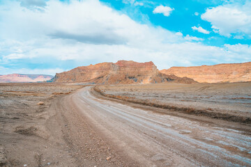 Fototapeta na wymiar Beautiful landscape with road and rocky landscape in Utah, view in Alstrom Point, USA