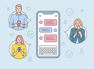 Internet communication, online instant messaging or information exchange concept. Young People Looking on Smartphones and Chatting. Happy Boys and Girls talking and typing on Phone.