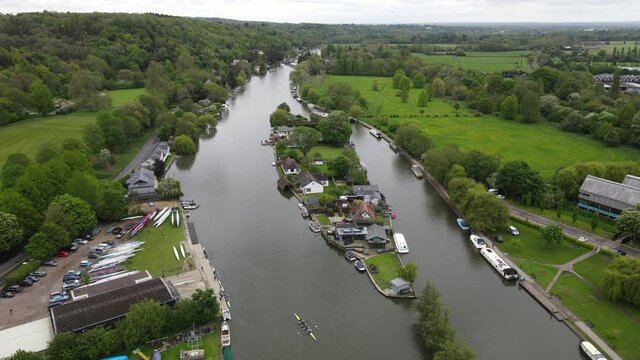Rod Eyot island on River Thames UK at Henley aerial footage in summer