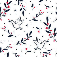 Fototapeta premium Vector seamless pattern of pigeon with flowers and hearts