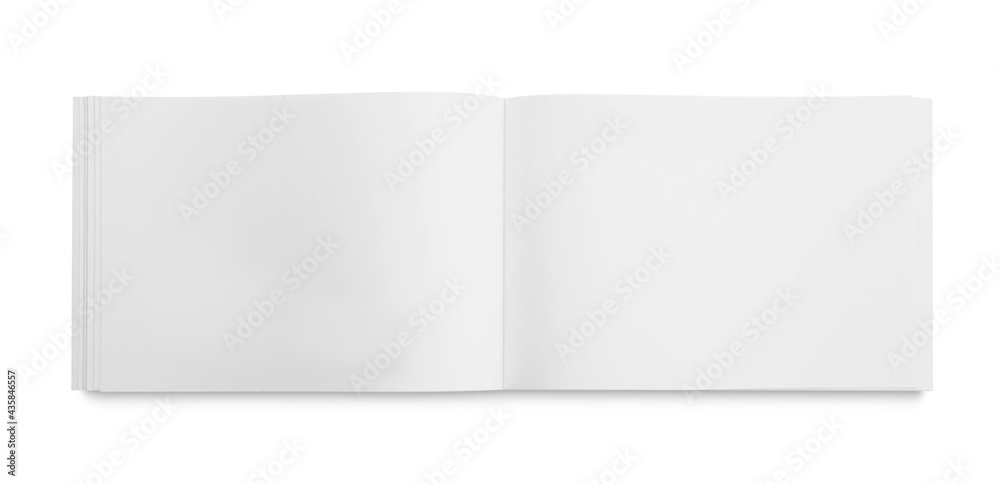 Sticker Open blank paper brochure isolated on white, top view. Mockup for design