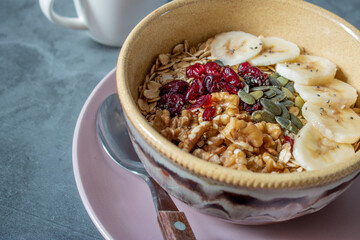 Close up on muesli with seeds and dried fruits