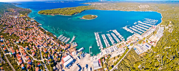 Punat. Town of Punat and monastery island of Kosljun aerial panoramic view