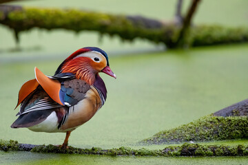 Ein Mandarinentenerpel sitzt am Gewässer