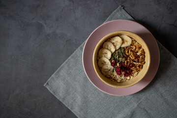 View from above on cereal breakfast on a gray background