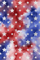 Patriotic Background, Watercolor Digital Paper, Star Pattern, Red Blue White
