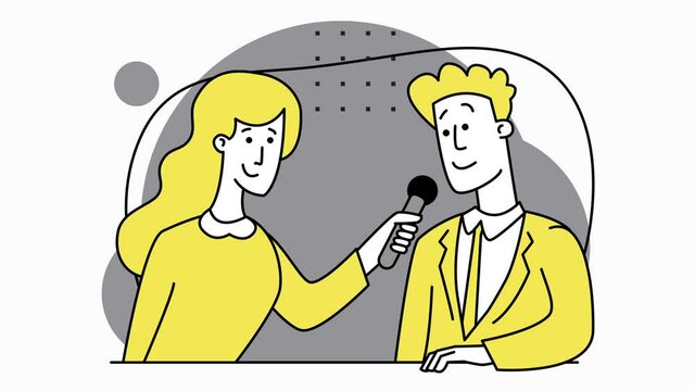 Interview. Journalist interviews. Man and woman sitting at table. Job interview conversation. HR manager and employee candidate meeting, talking. Business or human resource concept. 2d flat animation.
