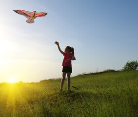 Girl playing with flying kite on meadow.