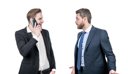 angry boss arguing with smiling employee speaking on phone isolated on white, conflict