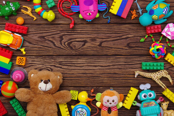 Toys colored and top view with copy space on wood