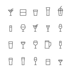 Drink icons line set. Glass outline group. Glassware linear collection. Сoffee, vodka, beer, champagne, wine, cognac, whiskey, martini and different cocktails beverages. Vector isolated on white