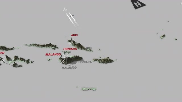 Seamless looping animation of the 3d terrain map of Solomon Islands with the capital and the biggest cites in 4K resolution