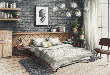 interior sketch design of a bedroom in a modern style in neutral colors marker drawing