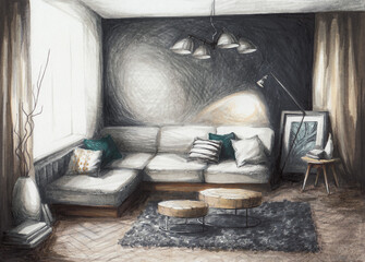 interior sketch design of the living room in a modern style view of the sofa marker drawing