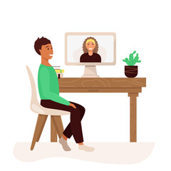 Man is talking with the friend by videochat. Distance communication with family. Vector illustration 