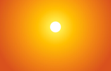 Bright sunset on the sky with yellow, orange, red gradient colors. Golden sunset or sunrise. Orange cloudless sky with sun. Natural panoramic with bright sunlight background. Vector illustration