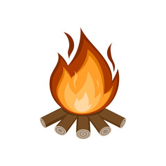 Cartoon illustration of colorful burning bonfire with wood. Camping fire, warning symbol. Isolated on white. Vector