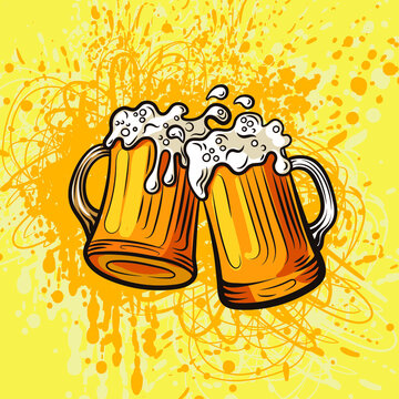 Vector Beer illustration on bright yello background, vintage style, colorful mugs, two beer mugs.
