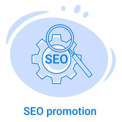 Icon SEO promotion and search technologies.Analysis of marketing and search queries.Vector illustration of a thin line icon on a blue background.