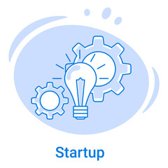 Start-up icon,brainstorming and new ideas.Search for ideas and develop new projects.Electric light bulbs and gears.Vector illustration of a thin line icon on a blue background.