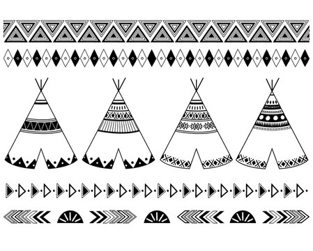 Tribal Traditional Teepee Tent and Symbol Borders Design Collections