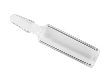 Glass ampoule with liquid medicine isolated on white background with clipping path, element of packaging design. Full depth of field.