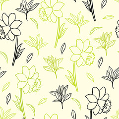 Seamless pattern with gold and black daffodils flowers. Botanical natural solid floral and leafy pattern. Hand drawing. Line art.