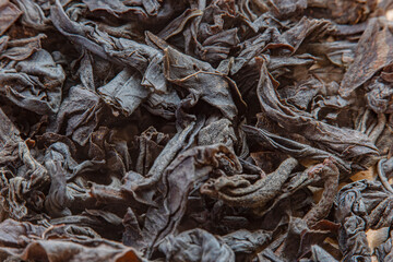 Dried tea pieces on a light surface. Black tea ready to brew, blurred in soft focus at high magnification.