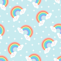 Seamless cartoon texture with rainbow, cute clouds and stars on a blue background. Vector illustration for fabrics, textures, wallpapers, posters, stickers, postcards. Editable elements.