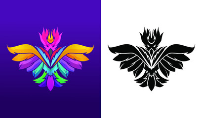 Vector set of bird logos, icons, illustrations in trendy colorful geometric style. Phoenix, dove, freedom, flight concept, black and full colour