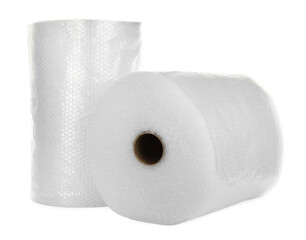 Transparent bubble wrap rolls on white background