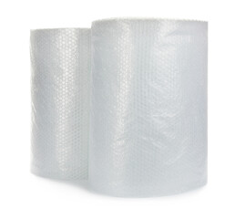 Transparent bubble wrap rolls on white background