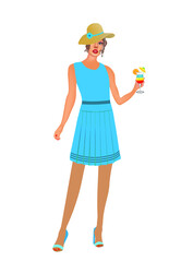 Woman in blue dress holding cocktail, vector