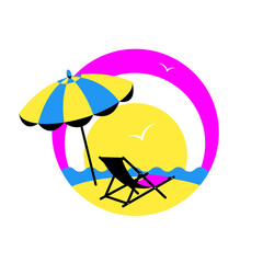 Deck chair and umbrella on the beach. Summer vacation concept, vacation, travel. Vector stock illustration. 