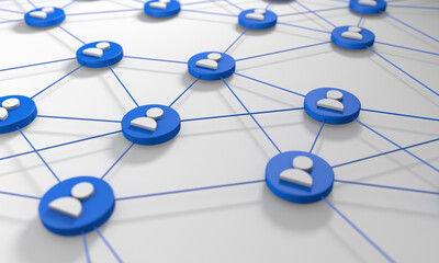 Social network. Connected blue buttons with profile icons on white background. 3D visualization.
