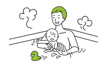 Illustration of a man bathing with a child.
