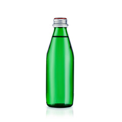 Glass green bottle with purified water. Mineral water bottle mockup. Bottle isolated on white background