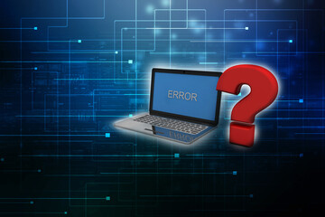3d rendering Computer Online Help Information Concept. Red Question Mark over Laptop Keyboard.