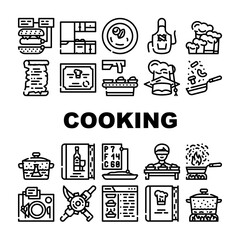 Cooking Courses Lesson Collection Icons Set Vector. Ingredients For Cooking And Wine Map, Cookbook With Chef Recipe And Kitchen Utensil Contour Illustrations