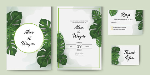invitation with tropical jungle monstera leaves. decorative design. © Framework Wonderland