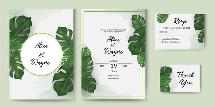 invitation with tropical jungle monstera leaves. decorative design.
