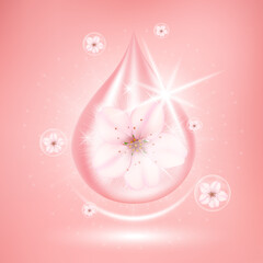 Sakura whitening serum for skin care. Drop cherry blossom vitamin and collagen. On pink background, Beauty products concept. Realistic 3D Vector EPS10 illustration.