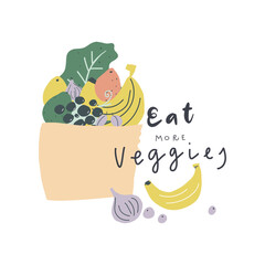 Hand drawn craft bag with fruits handwritten text eat more veggies Vector illustration