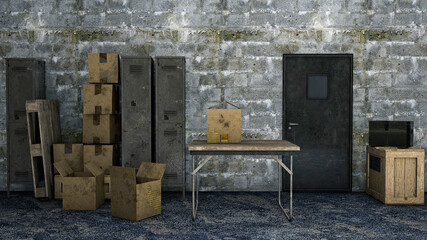 Fototapeta na wymiar Table in a basement with box and top secret files. Secret place, hidden archive. Lockers, table and boxes. Important documents and sheets. Secret and hidden files. State Archives. 3d render